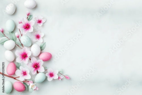 Easter border with white flowers and colored eggs placed on a light background during spring time