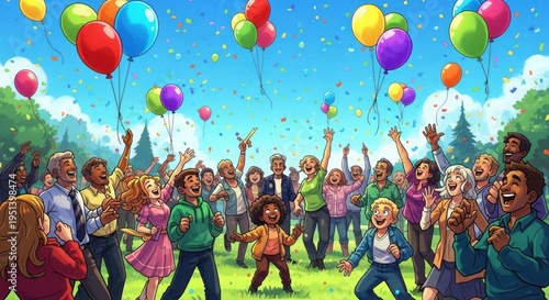 Joyful Crowd Celebrating Outdoors with Balloons and Confetti