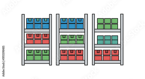 Colorful boxes on metal shelving units.