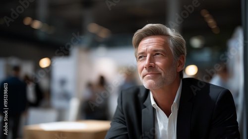 Gray-haired man attending job fair for retirees, reviewing part-time opportunities at crowded convention hall booth displays, ideal for retirement employment income supplemental work seniors, and