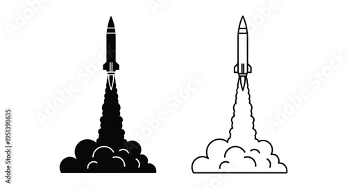 Two rockets launching with fiery trails a striking black silhouette