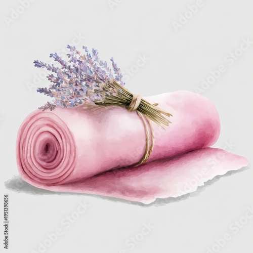 Rolled yoga mat with lavender on a plain background for wellness and relaxation practices