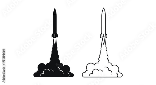 Two rocket launches depicted with contrasting styles a bold silhouette