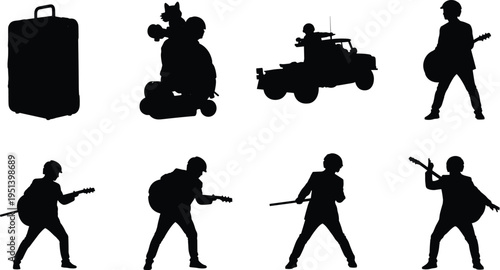 Silhouette Collection Featuring Guitarist Rock Musician Poses, Military Vehicle Soldier, Luggage Travel Bag and Worker with Cart Icons Isolated for Design and Illustration