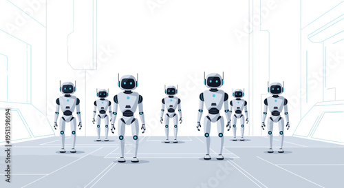 Seven identical white humanoid robots with blue accents stand in a minimalist futuristic white room with subtle line details.