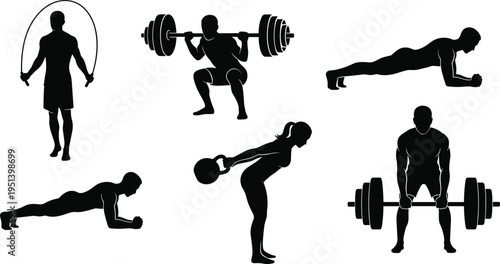 Silhouette illustrations of fitness exercises including jump rope, barbell squat, plank, kettlebell swing, and deadlift showcasing strength training and conditioning workout routines for health 