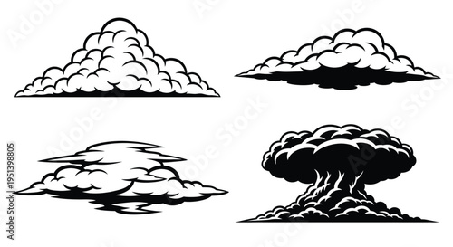 Four distinct cloud formations presented in a striking black silhouette