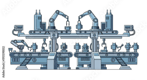 An industrial assembly line with multiple grey robotic arms actively works on conveyor belts in a detailed factory setting.