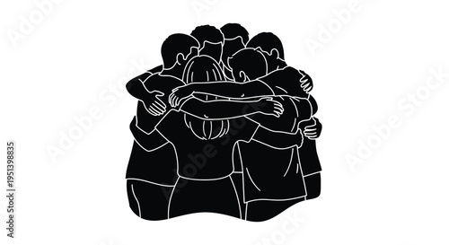 A group of people embracing in a tight huddle dark silhouette