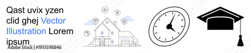 Home systems, technology, time management, education, smart living, life milestones. Smart home with connected icons, clock graduation cap. Home systems and time management concept