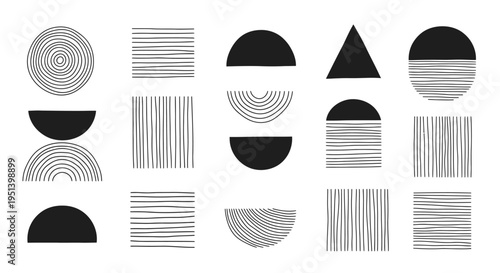 Black and white geometric icons utilize hatching lines for abstract.