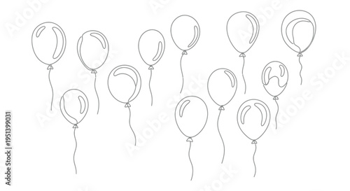 A collection of floating balloons drawn in a minimalist style silhouette