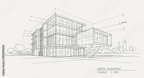 Elevation drawing illustrates modern office structure with cantilevered.