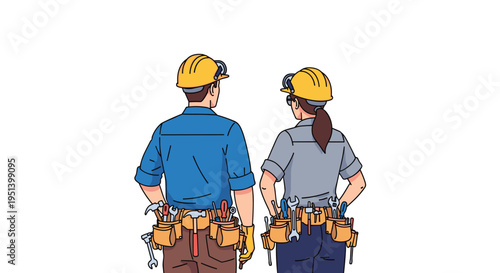 A man and a woman, both wearing yellow hard hats and tool belts, stand side-by-side from behind against a plain white background.