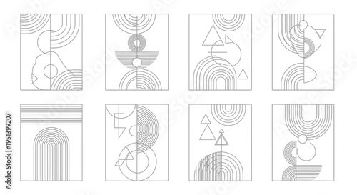 Set of eight minimalist geometric abstract art posters featuring.