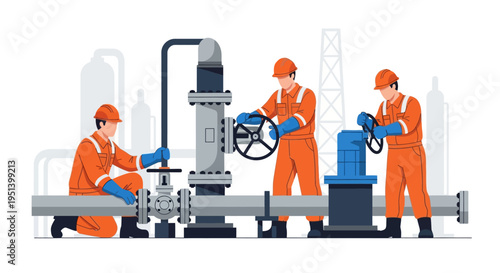 Illustration of three industrial workers in orange uniforms operating valves and machinery in an industrial setting.