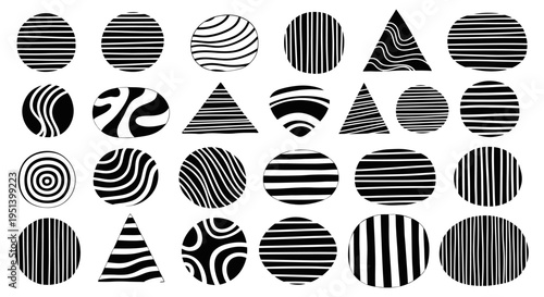 A collection of varied black and white striped shapes displays intriguing.
