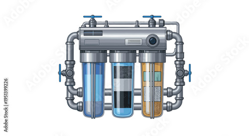 A sophisticated water filtration system with three transparent cartridges and metal piping is displayed on a white background.