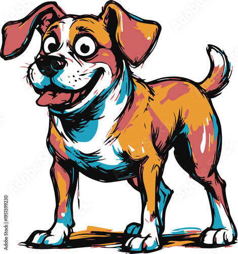 Colorful bold line art sticker of a funny dog with oversized head and tiny legs, distorted proportions, rough sketch style, thick messy outline, white background 1