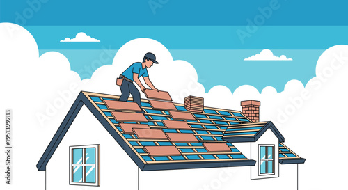 A male roofer is installing light brown tiles onto the wooden framework of a house roof under a clear blue sky.