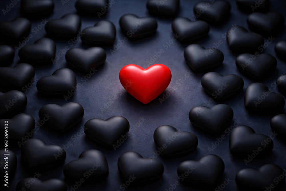 Obraz premium Red heart standing out among others symbolizing uniqueness love and individuality
