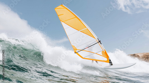 The bow of a yellow windsurf board cuts through a wave near the rocks.