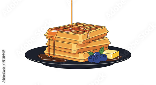 Maple syrup pours over a stack of three golden waffles, accompanied by butter and blueberries, sitting on a dark plate against a white background.