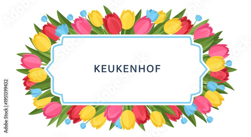 Colorful Tulip Bouquet Framed by Floral Border. Vector Illustrations. EPS Editable