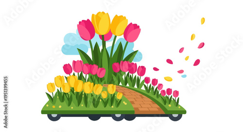Colorful tulips on a flower cart in bloom. Vector Illustrations. EPS Editable