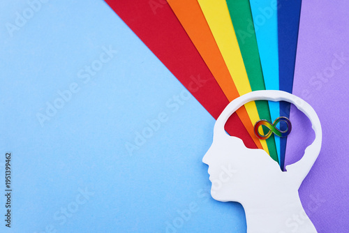 Obraz na płótnie Human head silhouette with rainbow infinity symbol for neurodiversity
