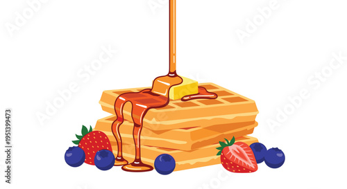 Golden syrup cascades over a stack of three waffles, adorned with a pat of butter, fresh strawberries, and blueberries, all on a dark plate against a white background.