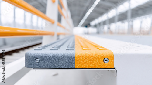 A white rectangular module stands in a bright hall beside chairs.