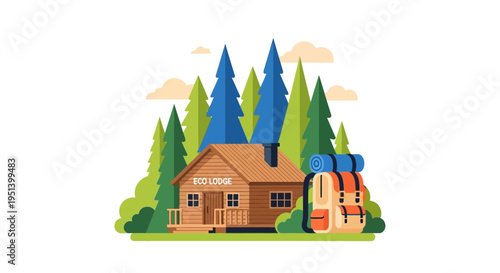 Cozy Forest Cabin Surrounded by Trees. Vector Illustrations. EPS Editable