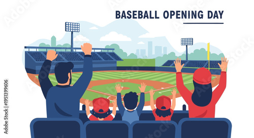 Family and friends cheering at a baseball game on opening day. Vector Illustrations. EPS Editable