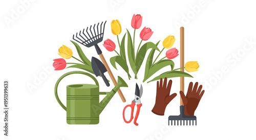 Gardening Tools And Plants As Main Subject. Vector Illustrations. EPS Editable