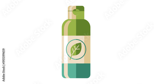 Green Bottle With Leaf Label Close Up. Vector Illustrations. EPS Editable