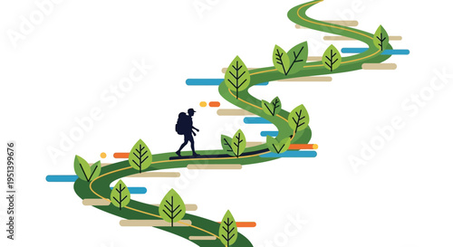 Hiker On Winding Green Path Through Nature. Vector Illustrations. EPS Editable