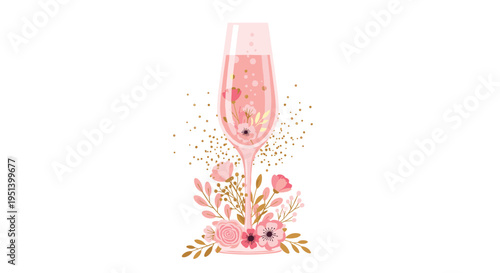 An elegant champagne flute filled with pink liquid and small flowers is surrounded by a floral arrangement and golden glitter on a white background.