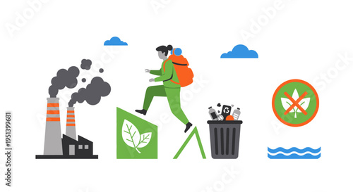 Hiker With Backpack Trekking Outdoor Adventure. Vector Illustrations. EPS Editable