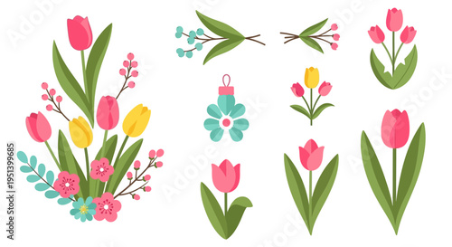 Main Subject Flowers Bouquet Tulip Bloom And Petals In Vibrant Display. Vector Illustrations. EPS Editable