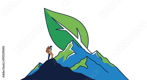 Mountain Climber On Peak With Green Leaf Emblem. Vector Illustrations. EPS Editable