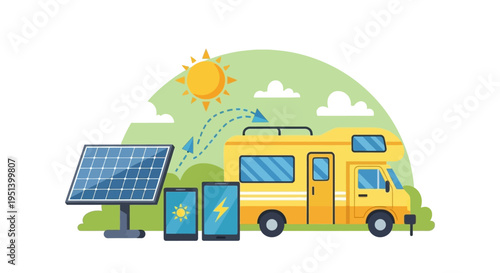 Solar Powered Eco Bus with Solar Panels. Vector Illustrations. EPS Editable