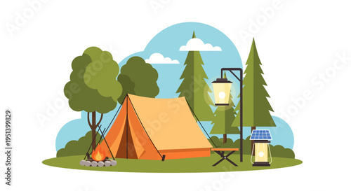Tent Camping Scene in Nature Forest. Vector Illustrations. EPS Editable