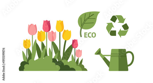 Tulip Flowers in Garden Eco Scene. Vector Illustrations. EPS Editable