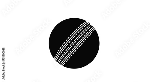 A black cricket ball with white stitching a striking silhouette
