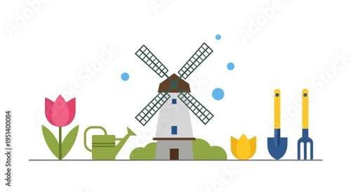 Windmill Garden Scene With Tulip And Tools. Vector Illustrations. EPS Editable