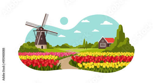 Windmill Over Colorful Tulip Field Landscape Scene. Vector Illustrations. EPS Editable