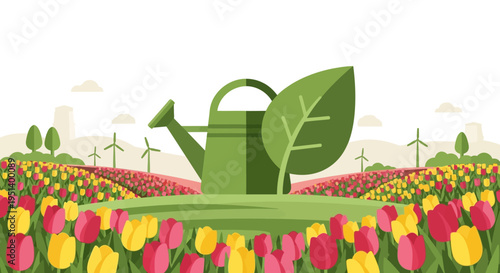 watering can with leaf in bright tulip field. Vector Illustrations. EPS Editable