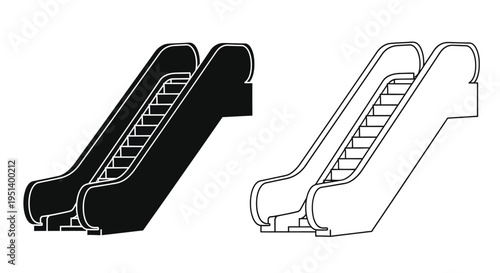 Two escalators one dark and one light shown in outline silhouette
