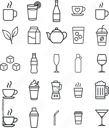 Drink vector icon set, coffee, tea, mugs, glasses, bottles, milk carton, teapot, blender, beer, cocktail shaker, straw, ice cubes